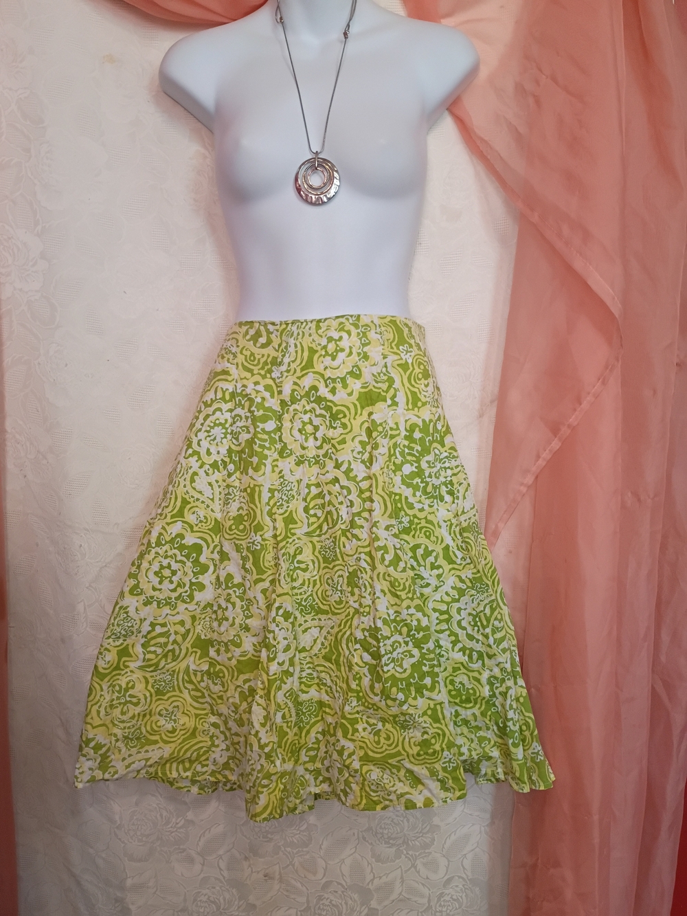 George Ladies Lime Green and Cream Floral A-Line Skirt Sz 10